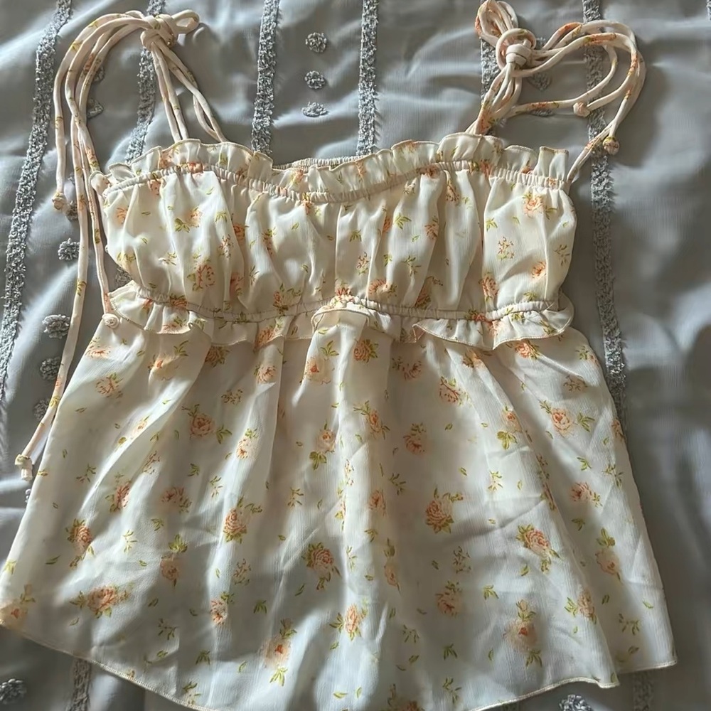 SHEIN Cream Smocked Tie Front Camisole